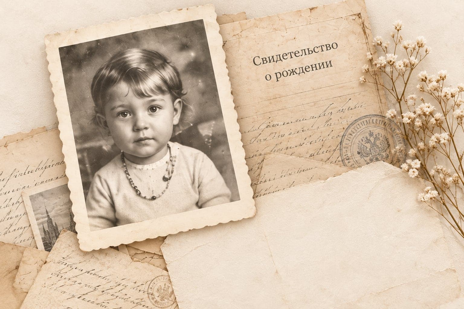 Архивная композиция: старая фотография ребёнка и записи свидетельства о рождении